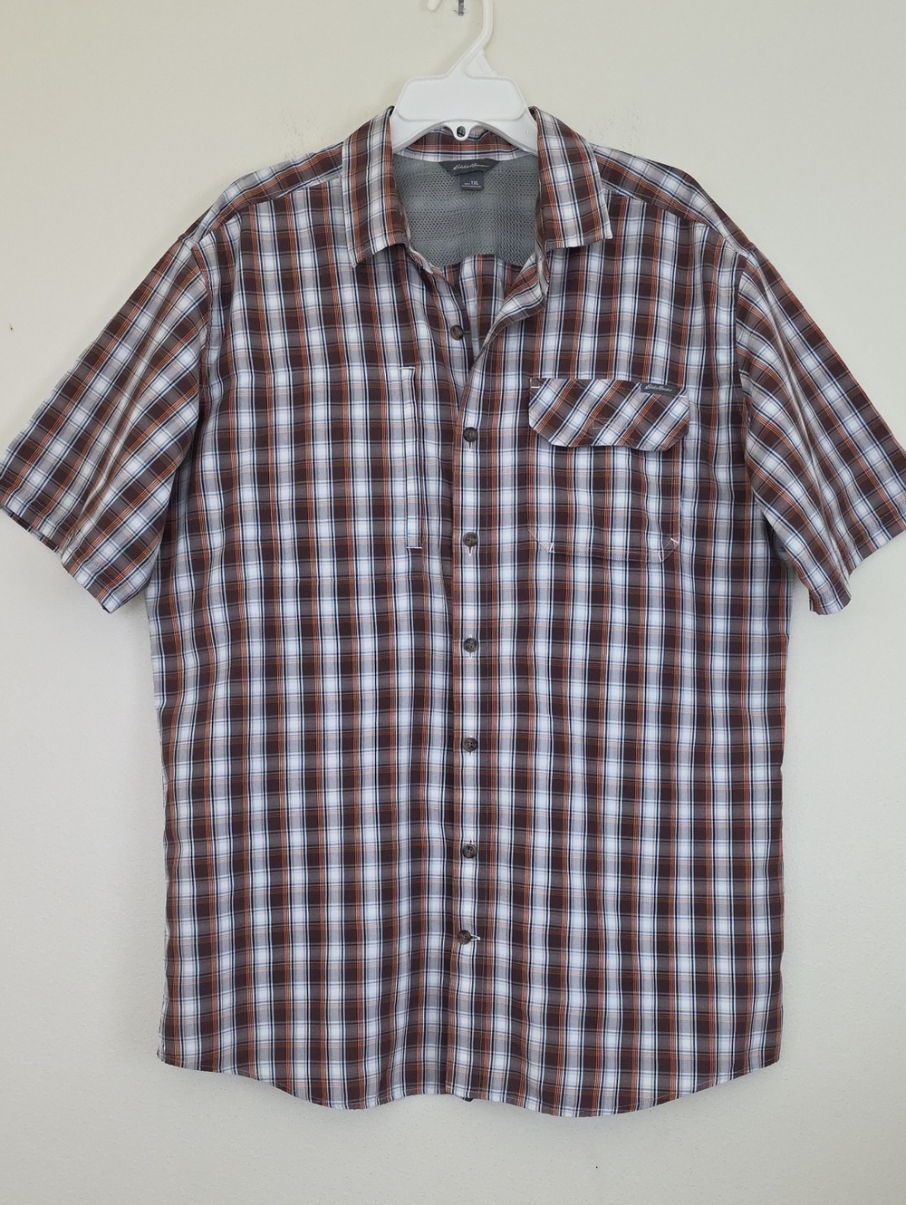 Eddie Bauer Brown, Orange & White Plaid Shirt Sleeve Shirt Tall XL